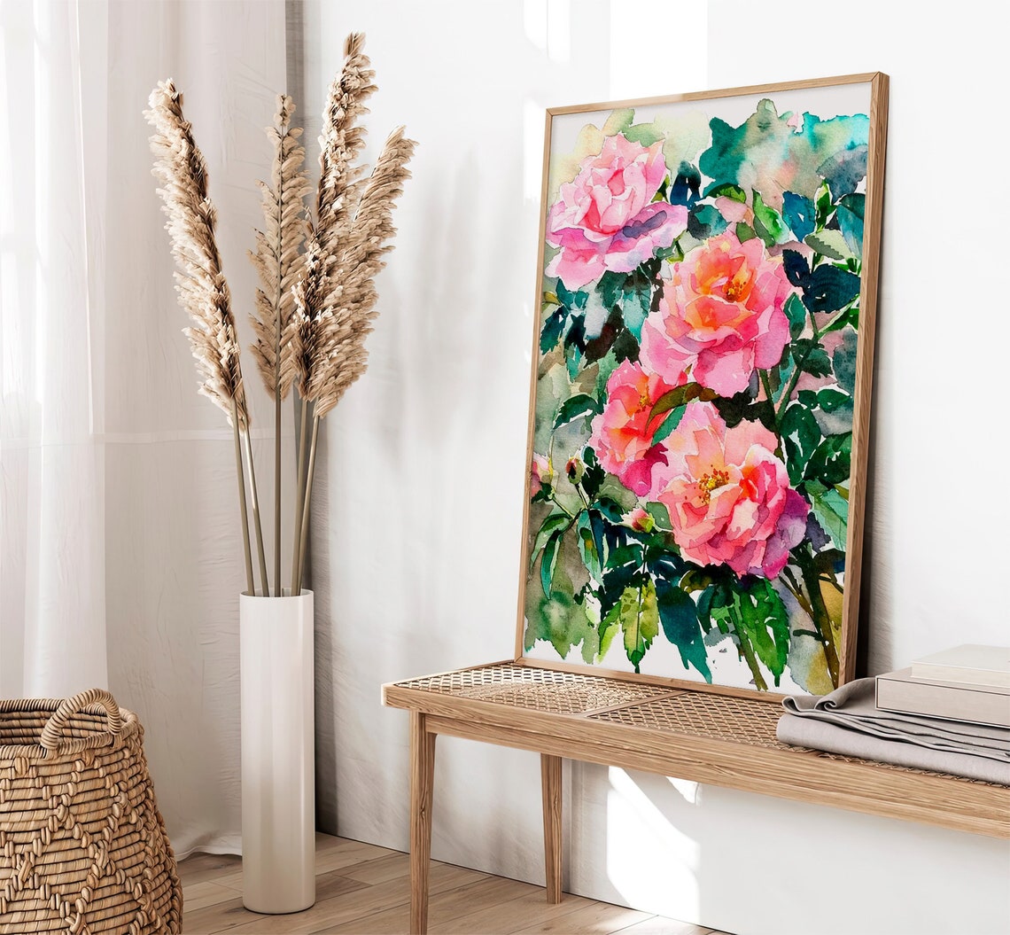 Pink Roses Watercolor Spring Floral Bouquet Garden Art Print - Image 2
