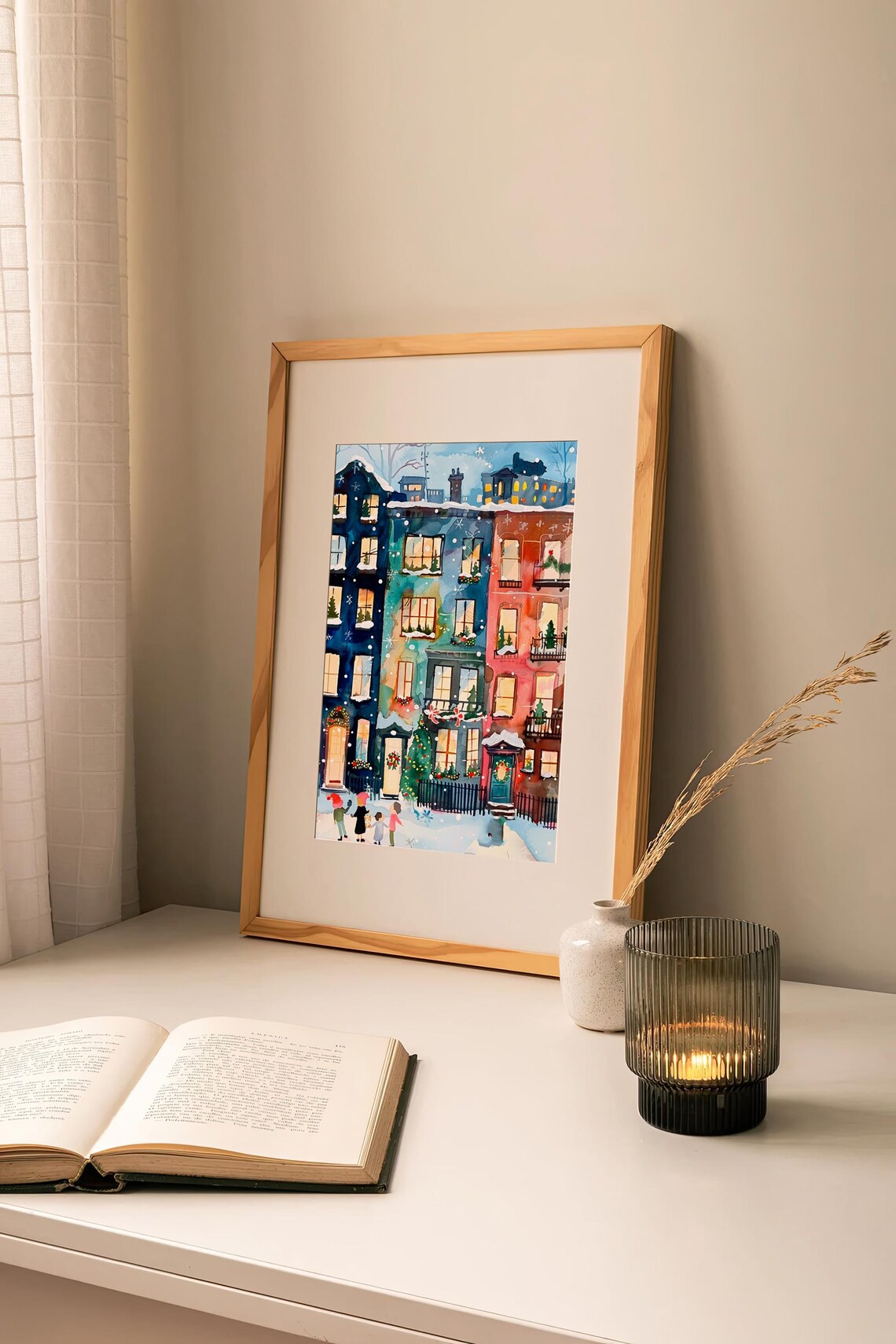 Christmas Brownstone Street Snowy Evening Watercolor Holiday Poster - Image 2