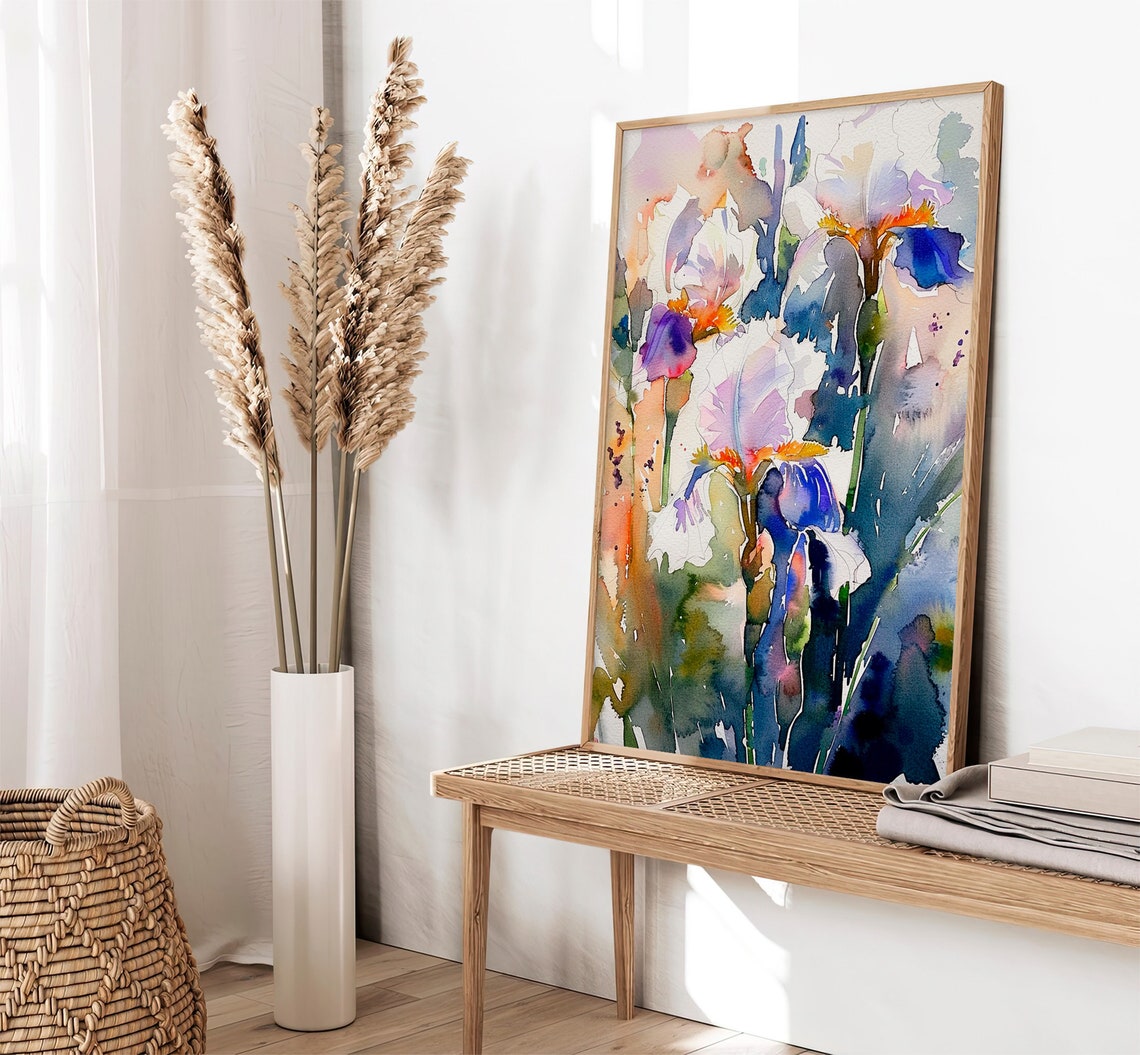 White and Purple Iris Flowers Watercolor Floral Garden Painting Poster - Image 4
