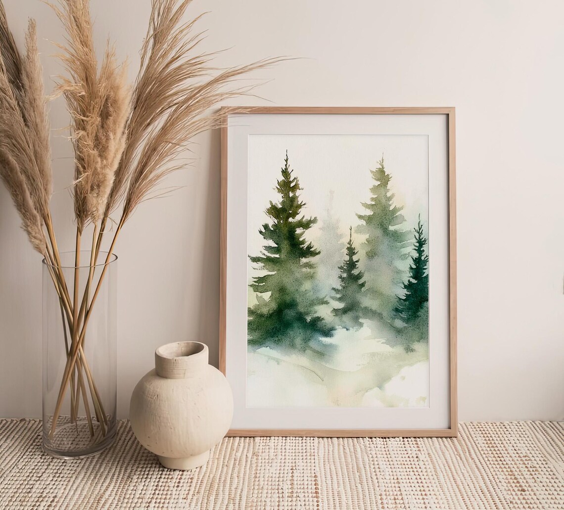 Foggy Pine Trees Watercolor Print, Minimalist Forest - Image 4