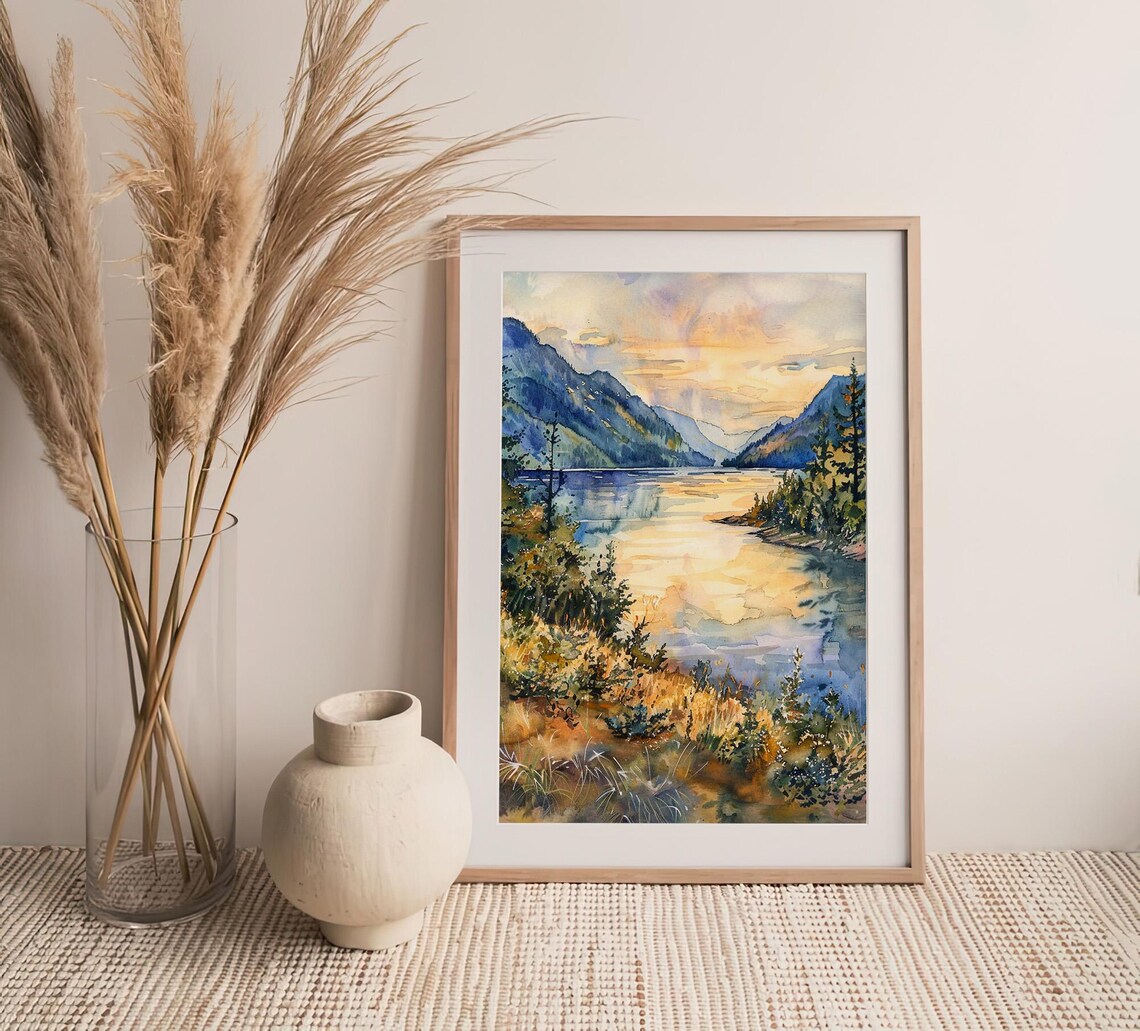 Stunning Columbia River Gorge Golden Lake Sunset Watercolor Poster - Image 4
