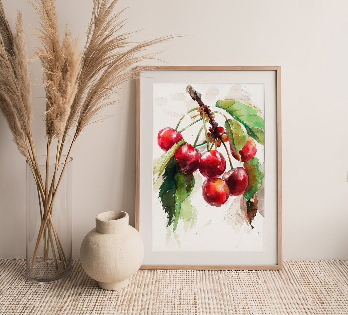 Red Cherries Branch Watercolor Fruit Kitchen Botanical Wall Art - Image 4