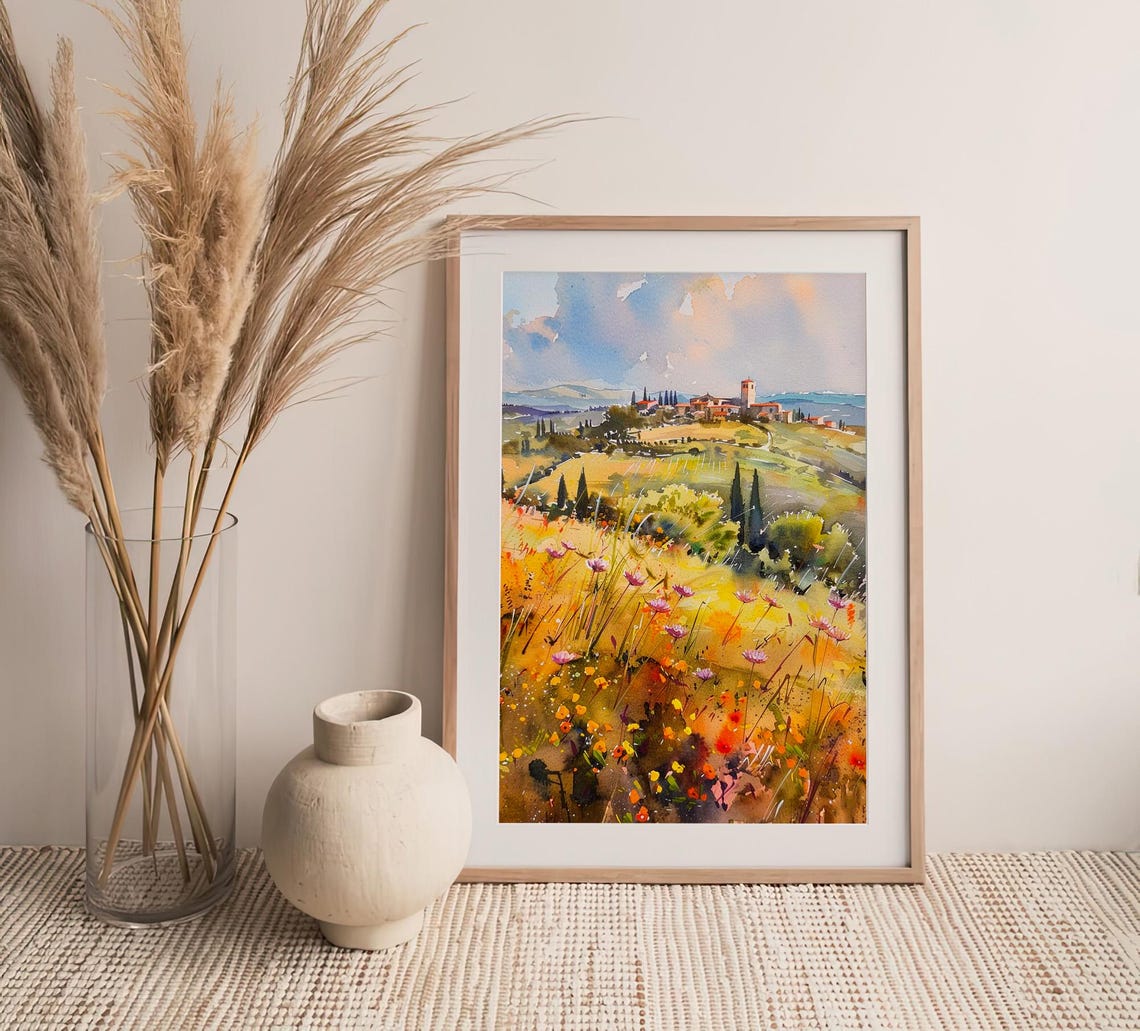 Tuscany Watercolor Italian Countryside Hilltop Village Cypress Poster - Image 4