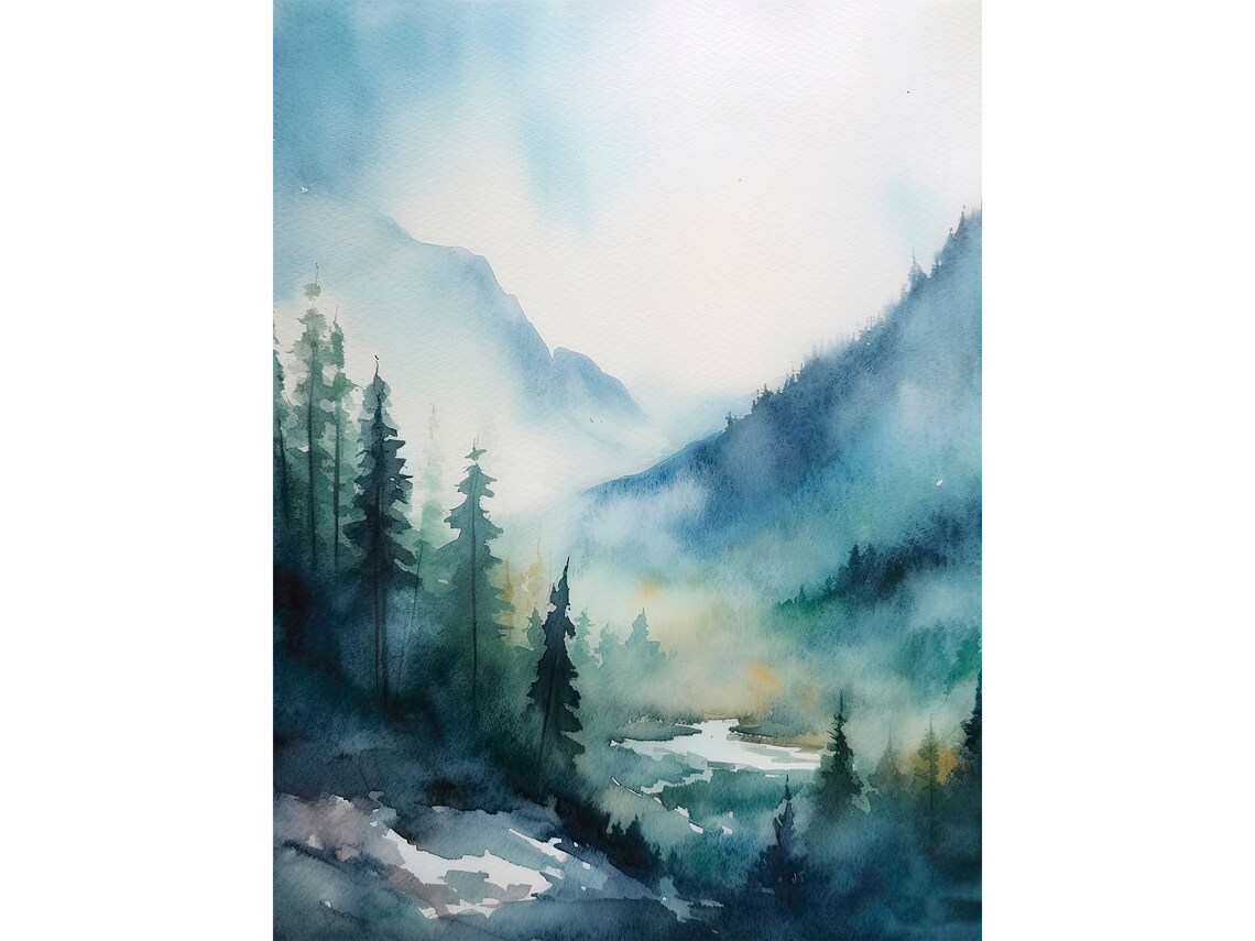 Mountain Forest Watercolor Art Print, Evergreen Trees