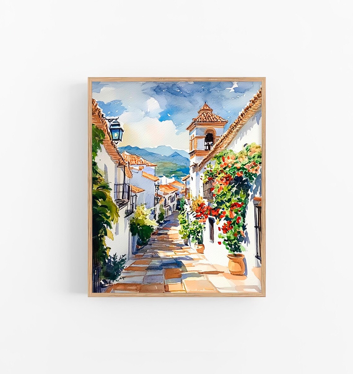 Granada Spain White Village Street Bell Tower Watercolor Travel Poster