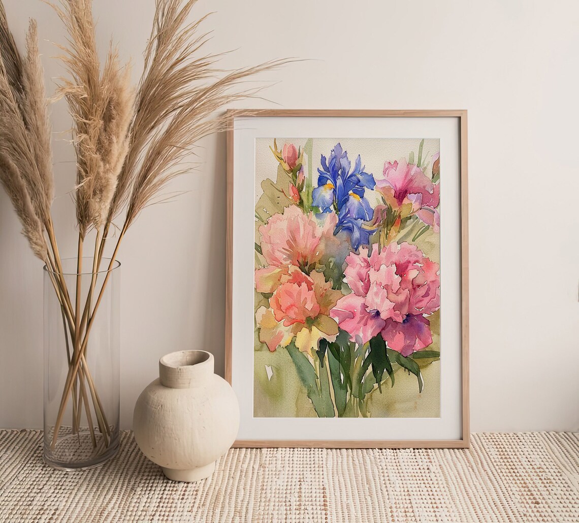 Peonies Iris Watercolor Pink Floral Bouquet Botanical Art Poster - Image 2