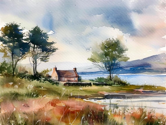 Scottish Countryside Watercolor Painting Scotland Landscape Fields Painting Forest Cabin Wall Art Countryside Landscape By Feelingprints