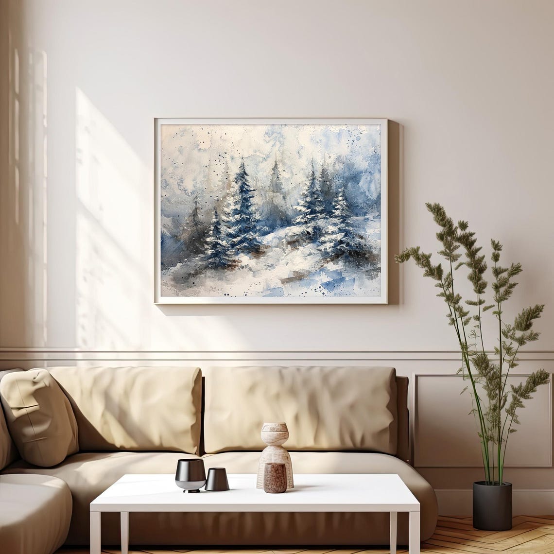 Stunning Snowy Blue Pine Forest Winter Wonderland Watercolor Poster - Image 4