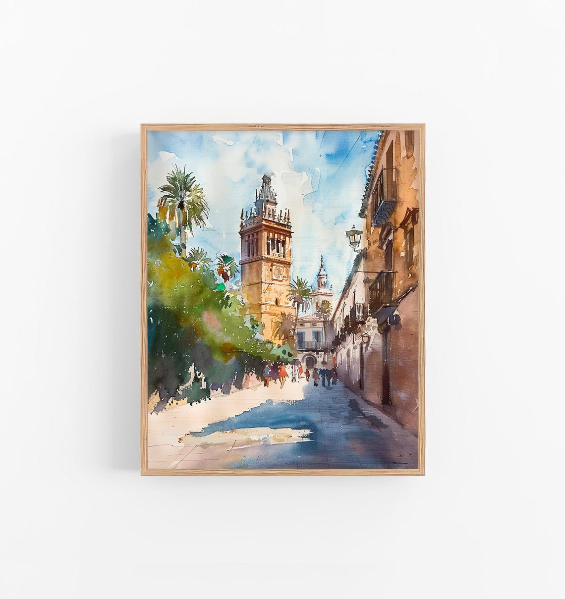 Stunning Seville Spain Giralda Tower Street Scene Watercolor Poster