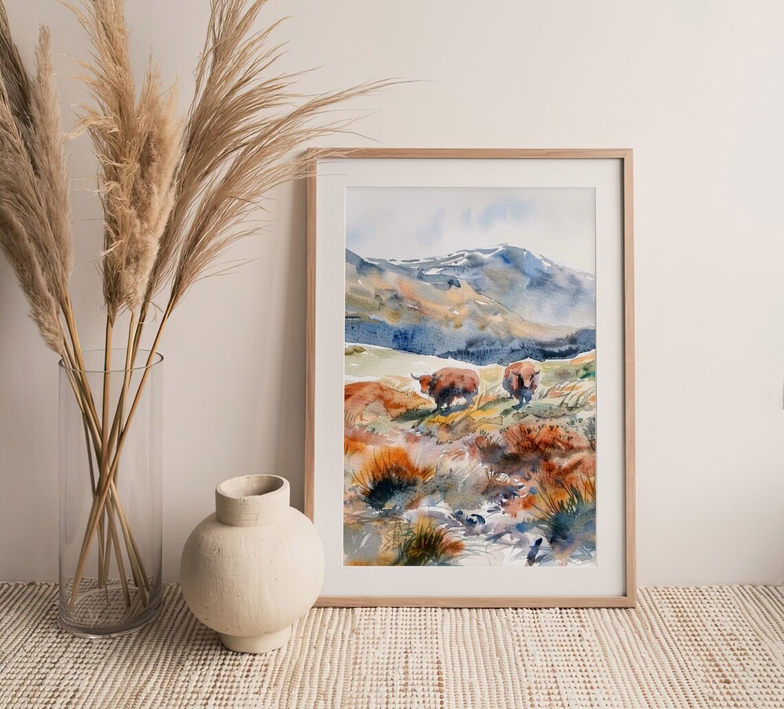 Scottish Highland Cows Moor Meadow Watercolor Animal Art Poster - Image 4