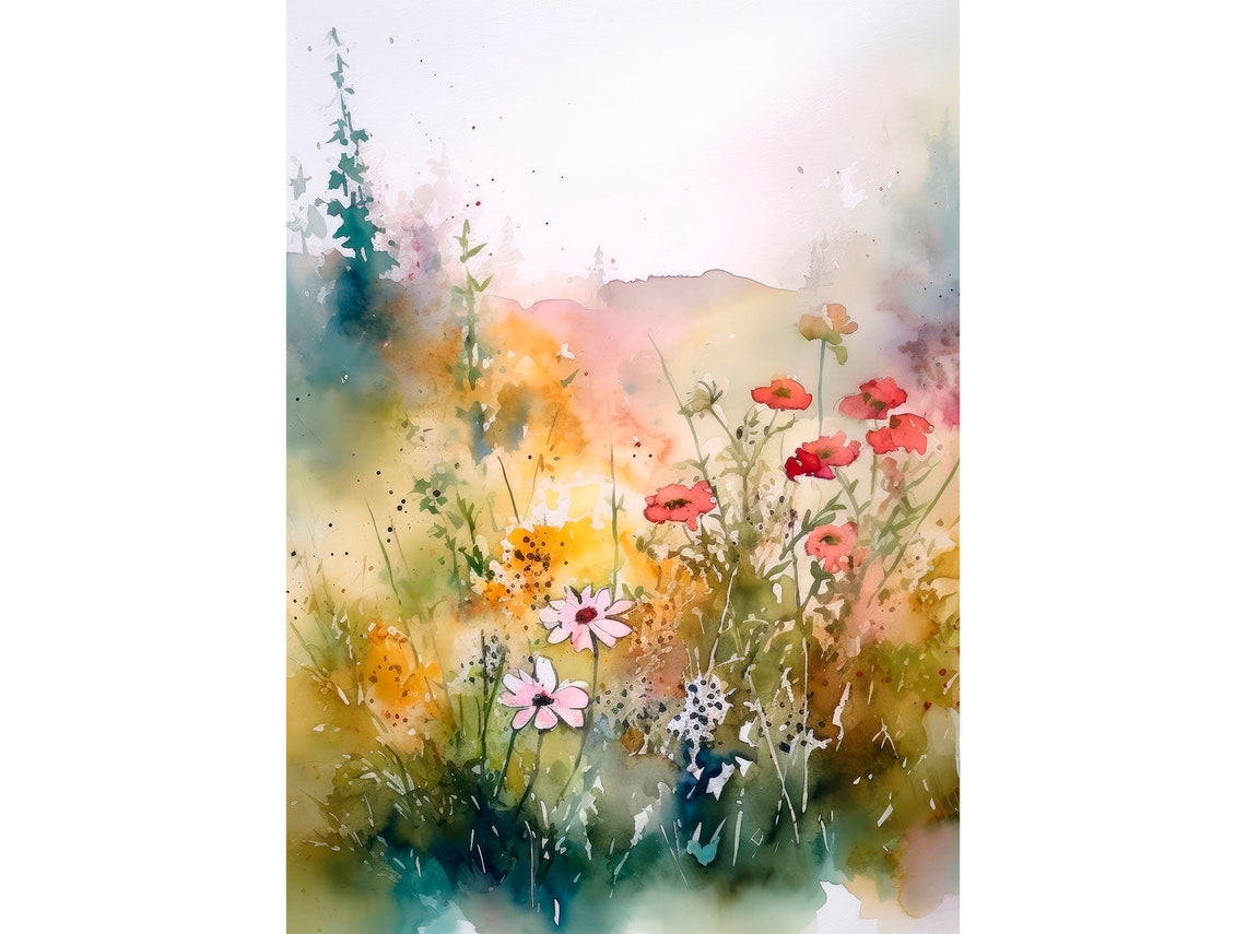 Wildflower Meadow Watercolor Daisies Poppies Blooming Art Poster