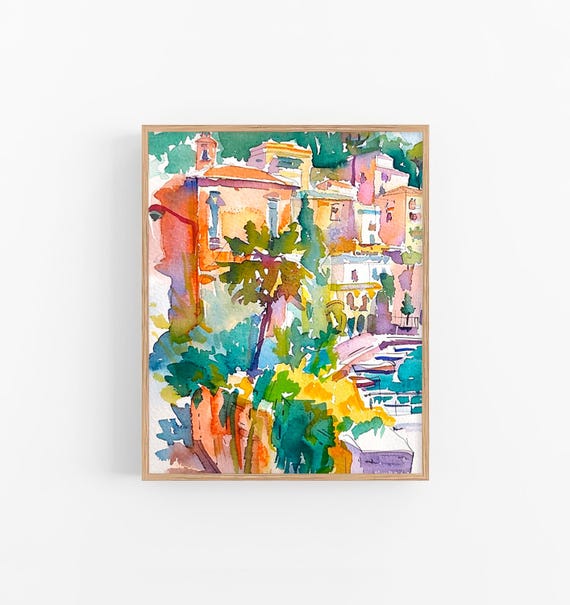 Sorrento Watercolor Cityscape, Italy Travel Poster