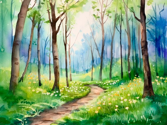 Spring Forest Watercolor Woodland Path Wildflower Scene Poster