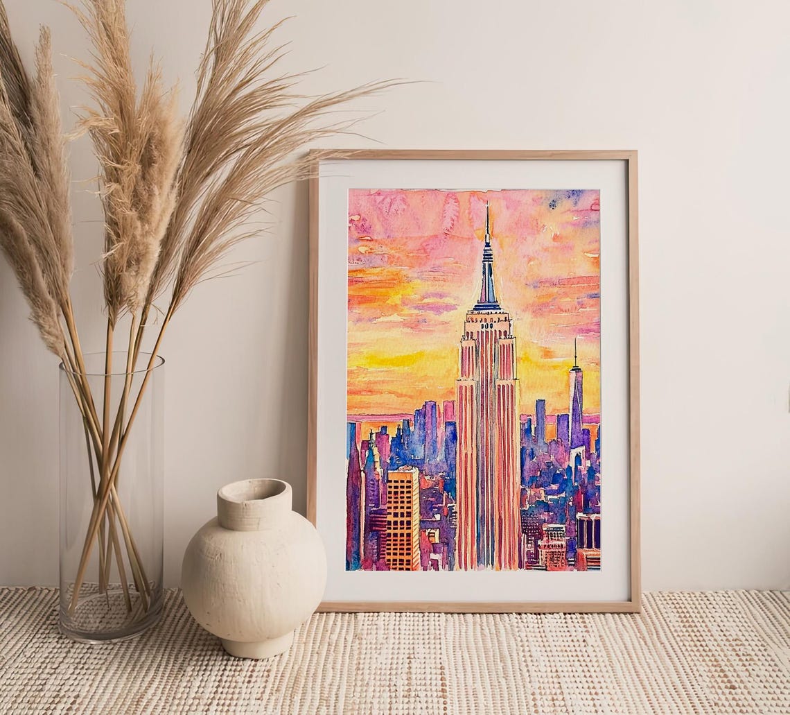 Empire State Building Sunset New York Skyline Watercolor Poster - Image 4