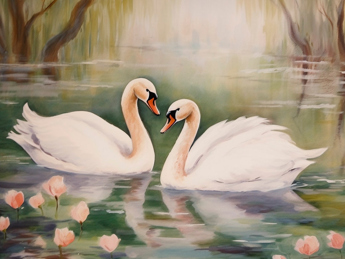 Two Swans Watercolor Romantic Couple White Birds Lake Scene Poster