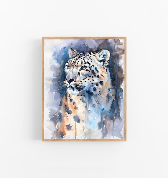Snow Leopard Portrait Wild Big Cat Watercolor Wildlife Painting Poster