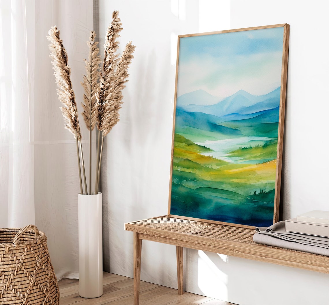Misty Green Hills Watercolor Abstract Landscape Rolling Meadows Print - Image 4