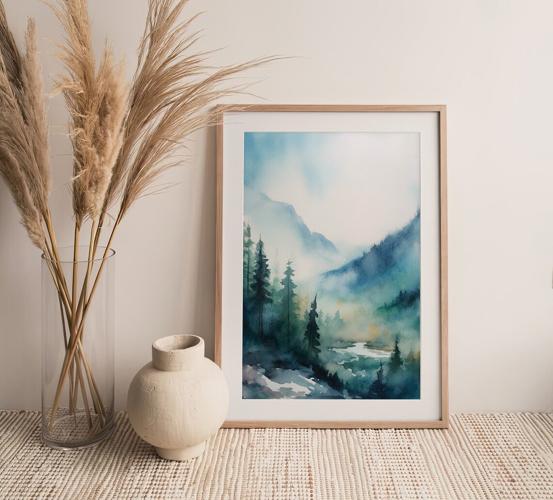 Mountain Forest Watercolor Art Print, Evergreen Trees - Image 3