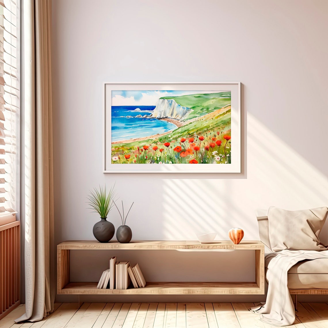 France White Cliffs Seascape Red Poppy Meadow Watercolor Poster - Image 4