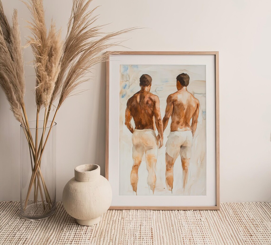 Gay Watercolor Art Print, Male Bodies Friendship - Image 4