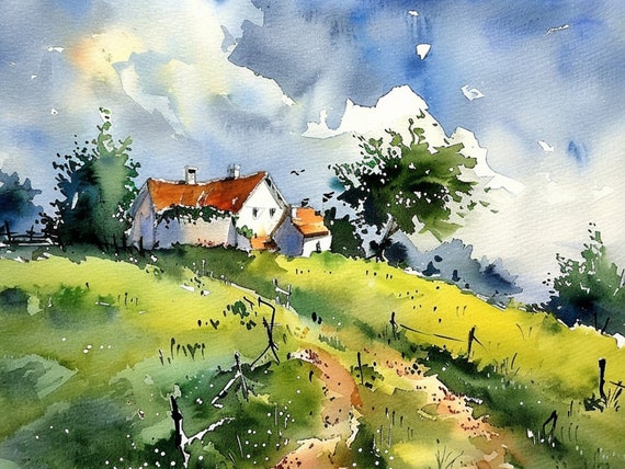 Lake District Countryside Watercolor Painting England Landscape Art Print Farmhouse Wall Art Decor By Feelingprints