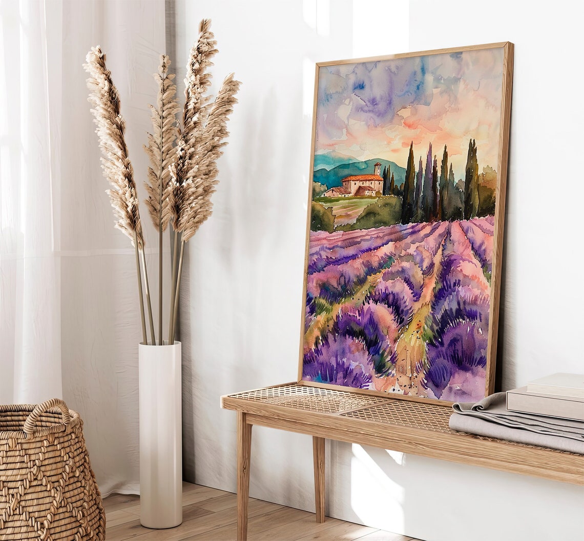 Provence Lavender Fields Farmhouse Sunset Watercolor Field Poster - Image 3