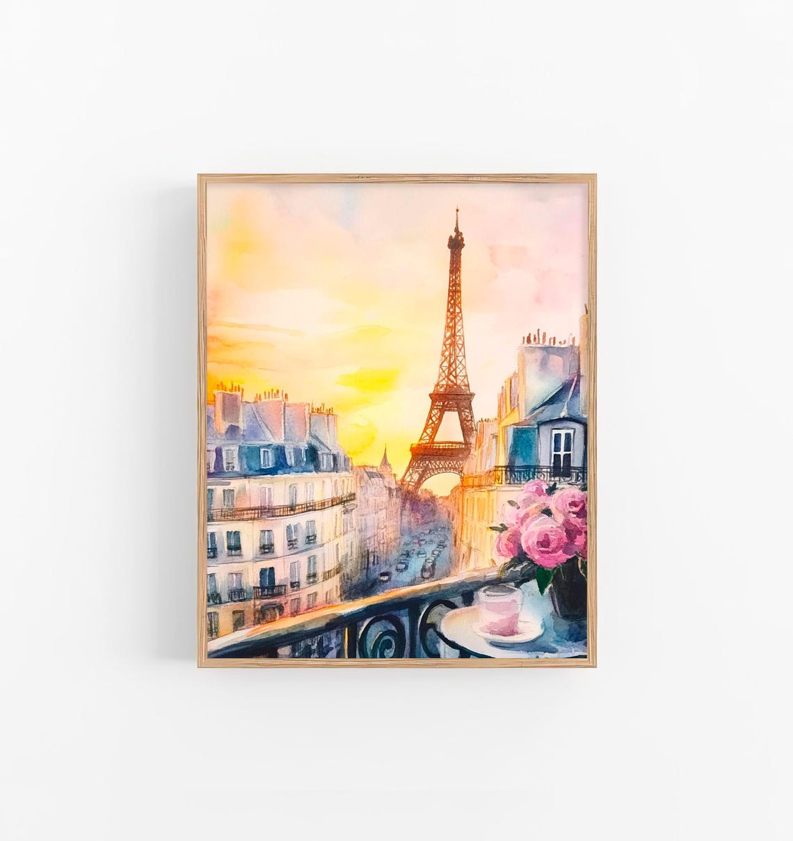 Paris Eiffel Tower Sunrise Balcony Watercolor Romantic Art Print
