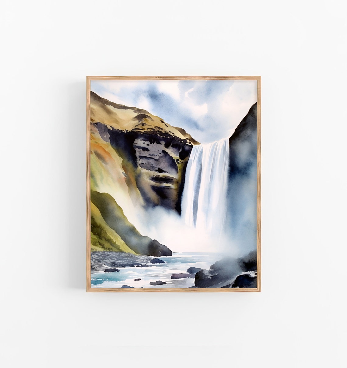 Skogafoss Waterfall Iceland Mist Cascade Watercolor Travel Poster