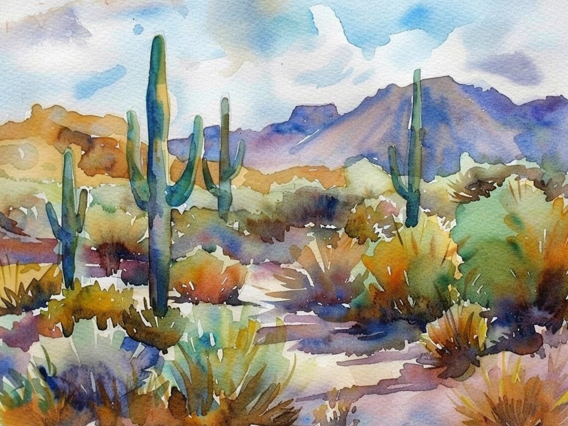 Sedona Arizona Watercolor Art Print, Cactus Travel