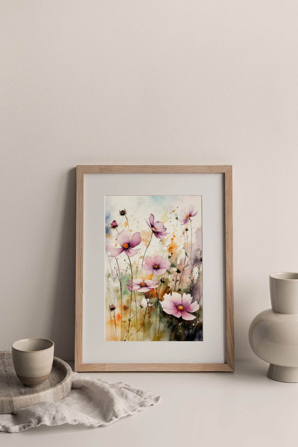 Pink Cosmos Wildflowers Meadow Watercolor Floral Scene Poster - Image 3