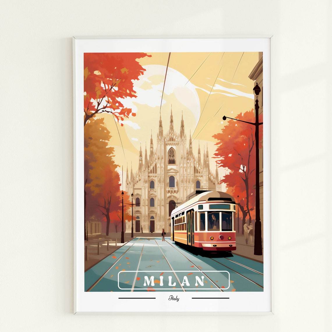 Milan Italy Duomo Cathedral Tram Vintage Travel Cityscape Poster