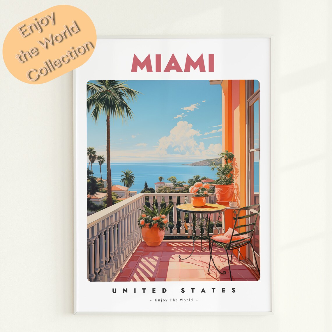 Miami USA Ocean View Balcony Palm Trees Vintage Travel Poster