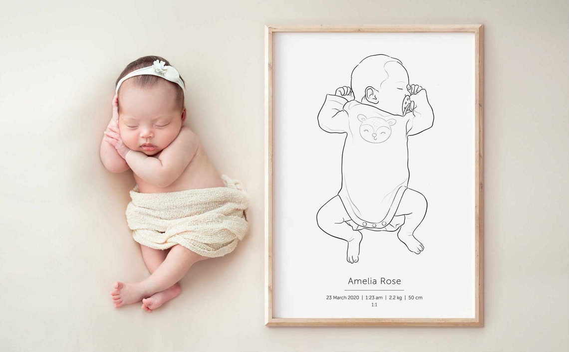 Custom Baby Birth Scale 1:1 Line Drawing Newborn Keepsake Poster