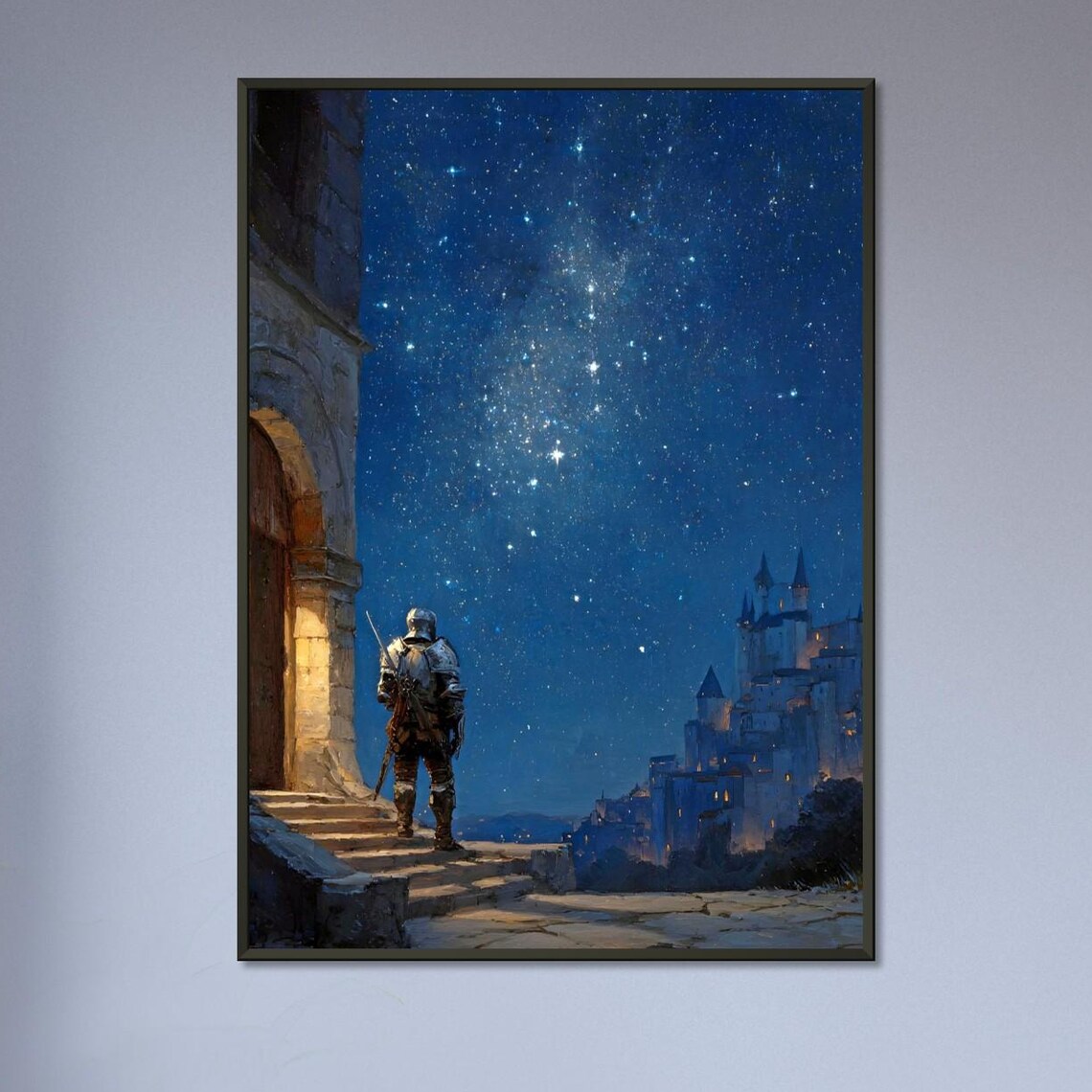 Knight Gazing at Starry Night Sky Milky Way Castle Art Poster
