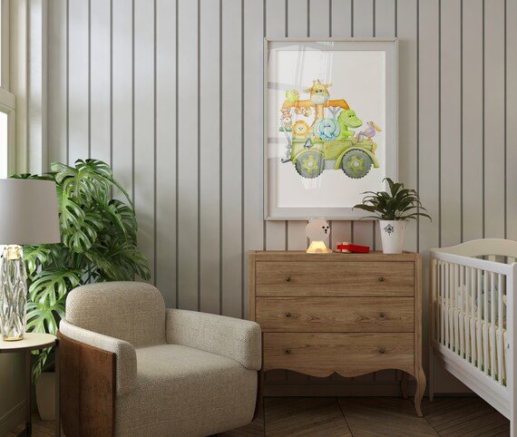 Watercolor Safari Truck With Cute Animals Nursery Wall Art Kids Room Poster