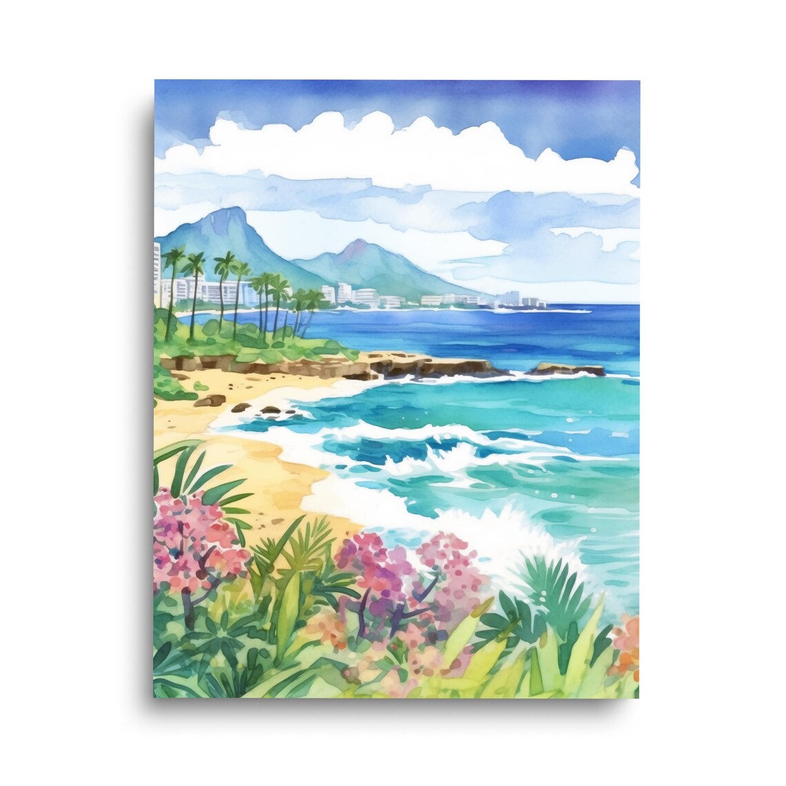 Maui Watercolor Travel Poster, Hawaiian Coastal Landscape