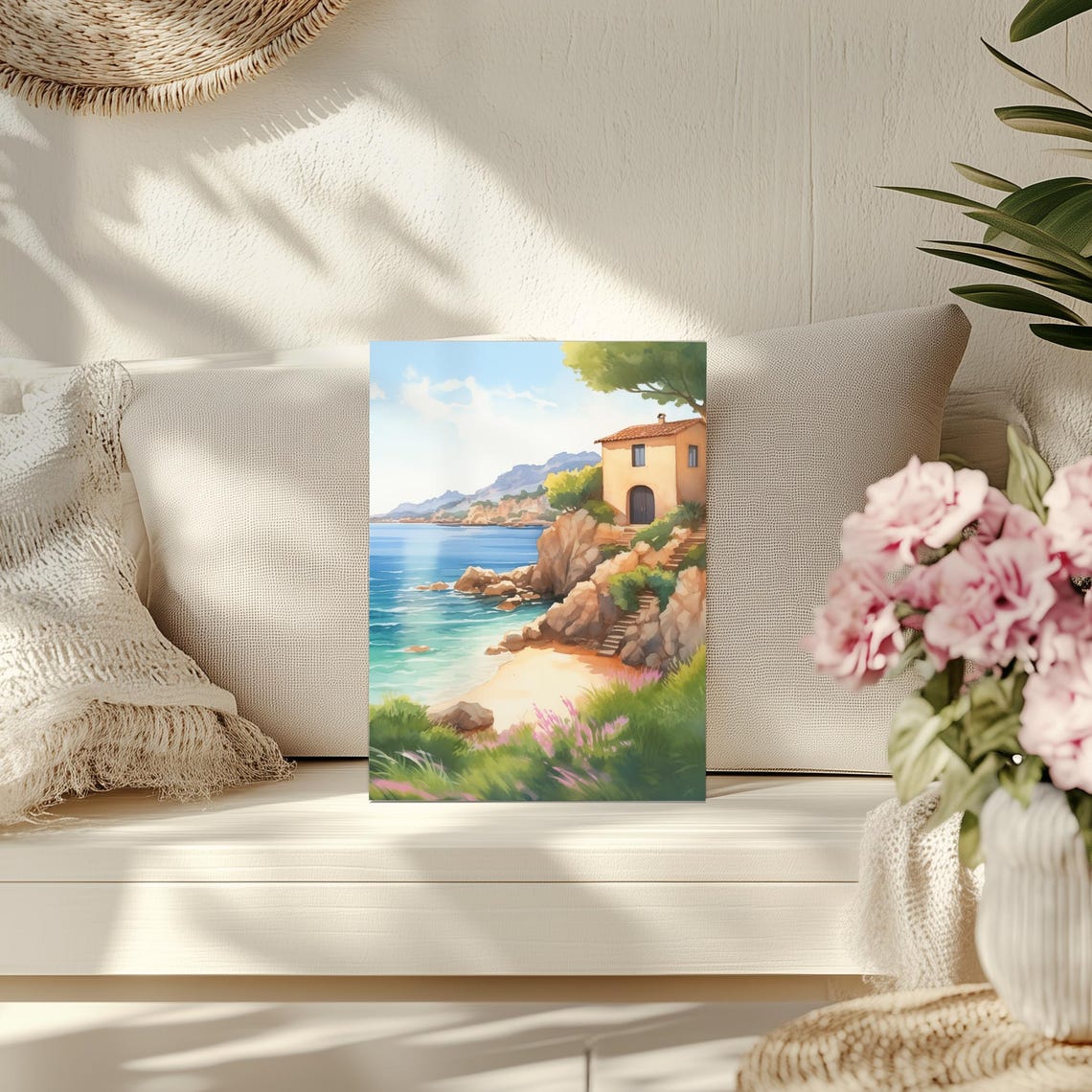 Cala Coticcio Sardinia Watercolor Cliffside Villa Coastal Poster