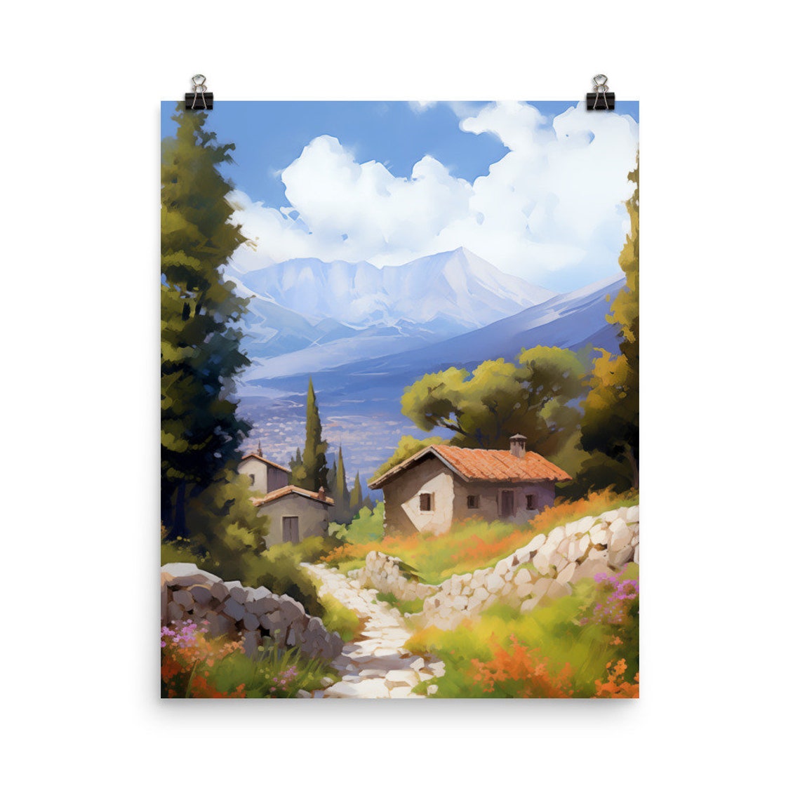 Mount Olympus Foothills Stone Cottages with Wildflowers Poster