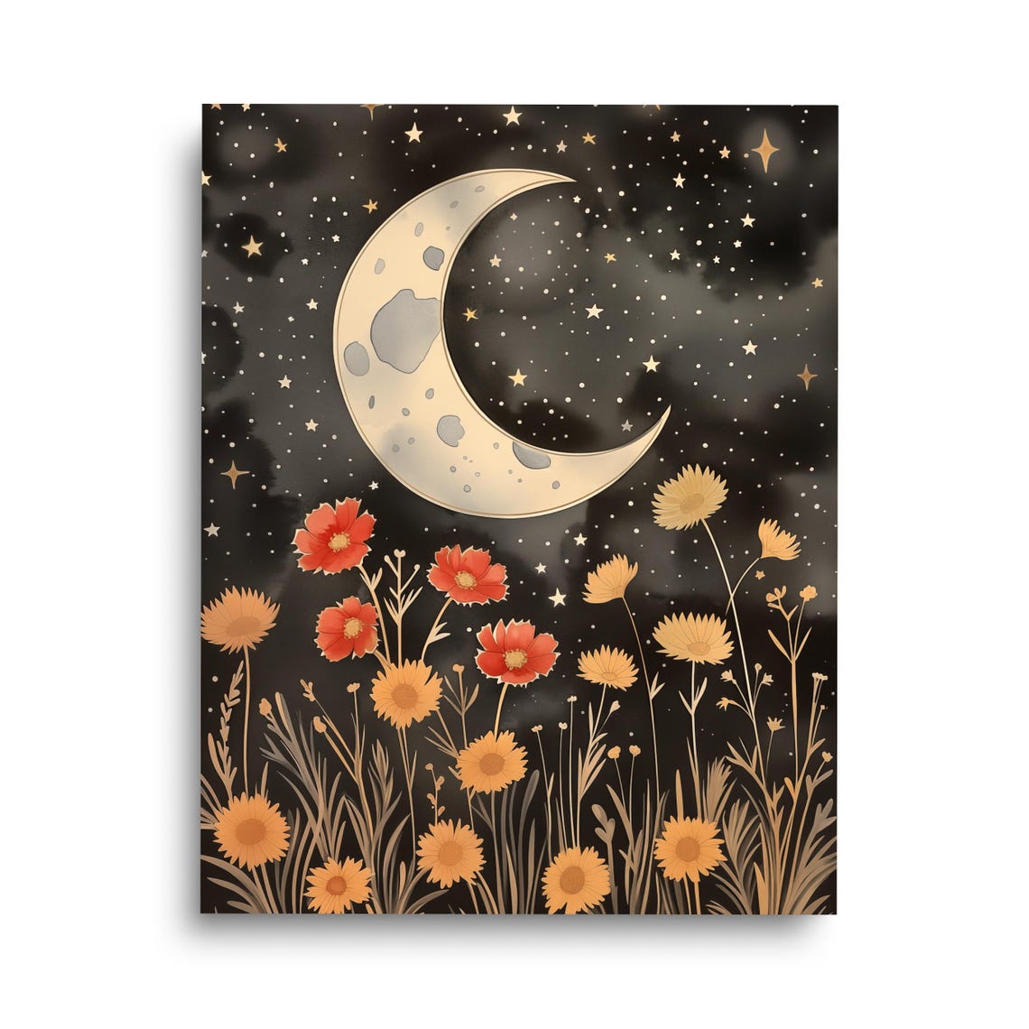 Midnight Bloom Watercolor Print Crescent Moon Wall Art Starry Sky Decor Celestial Boho Poster Botanical Night Dark Floral