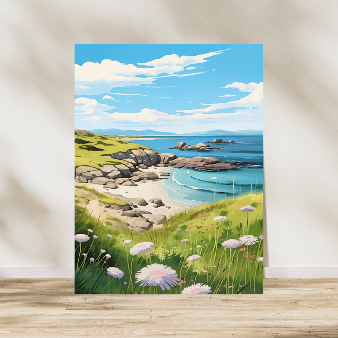 Isle of Iona Rocky Shore with Daisies Watercolor Travel Poster - Image 3