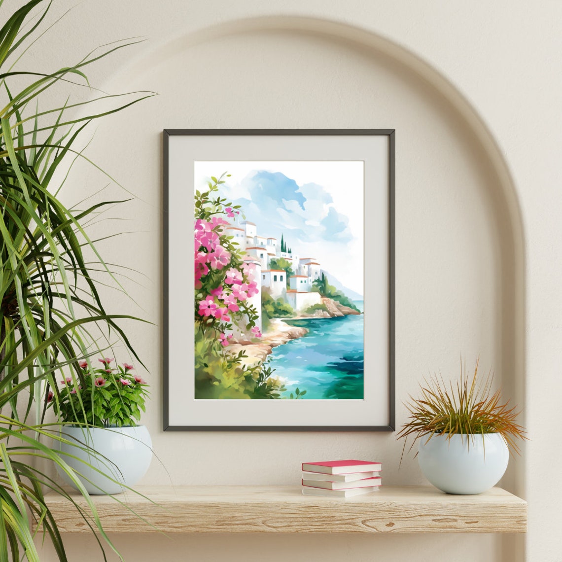 Naxos Whitewashed Hillside Town with Bougainvillea Watercolor Poster - Image 3