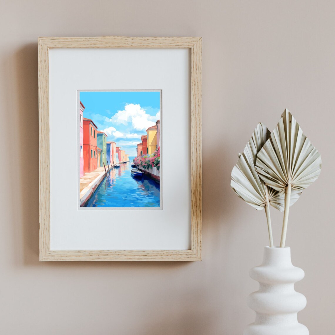 Burano Canal Colorful Houses Boats and Flowers Watercolor Poster - Image 2