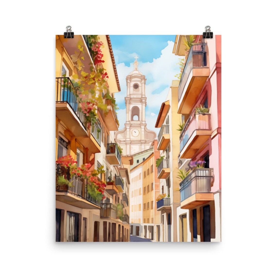 Pamplona Spain Old Town Church Watercolor Streetscape Poster
