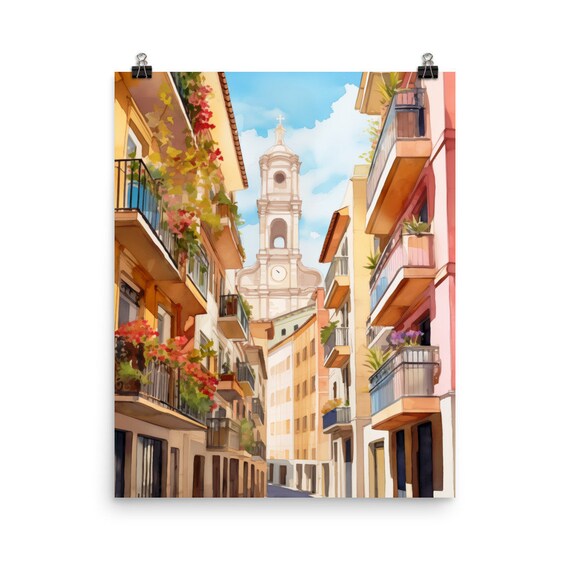 Pamplona Spain Old Town Church Watercolor Streetscape Poster