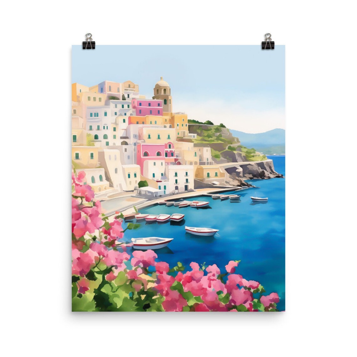 Ischia Cliffside Town with Boats and Pink Bougainvillea Poster