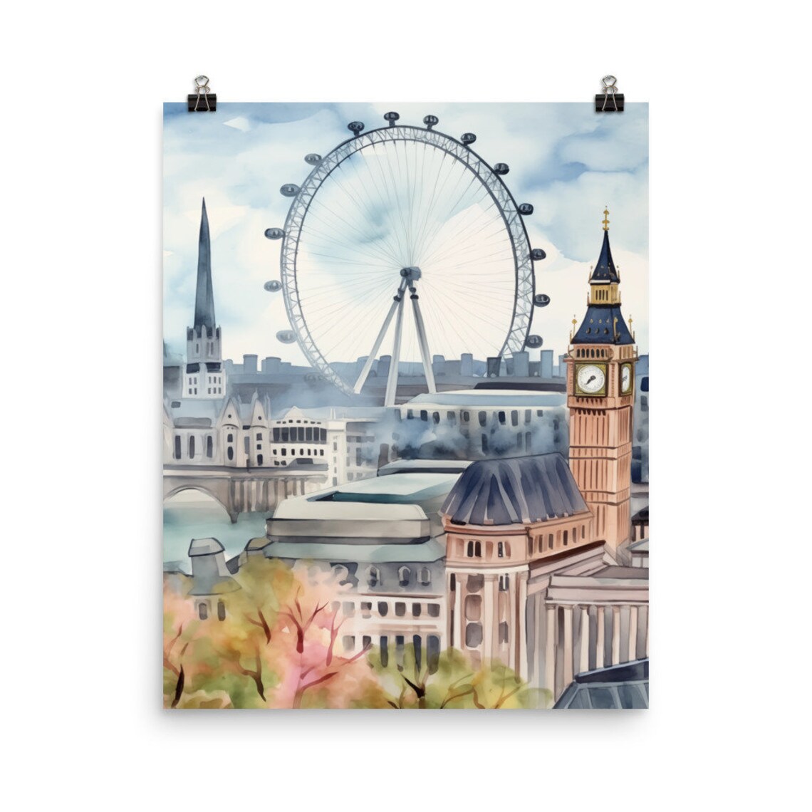 London Watercolor Travel Poster, British Landmark