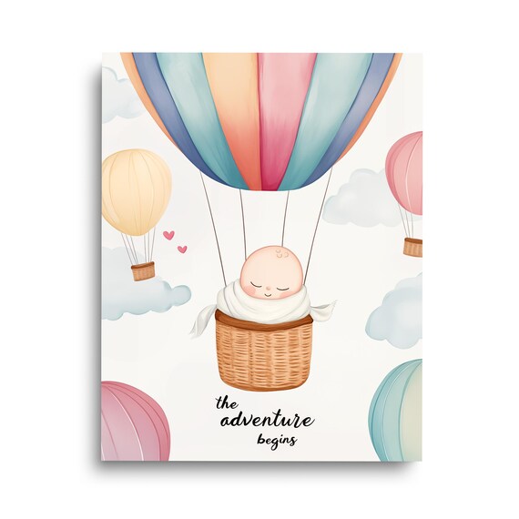 The Adventure Begins Watercolor Print Nursery Wall Decor Newborn Art Baby Shower Artwork Welcome Gift Hot Air Balloon