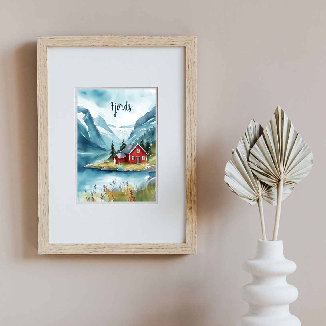 Fjords Red Lakeside Cabin Beneath the Snowy Peaks Travel Poster - Image 2