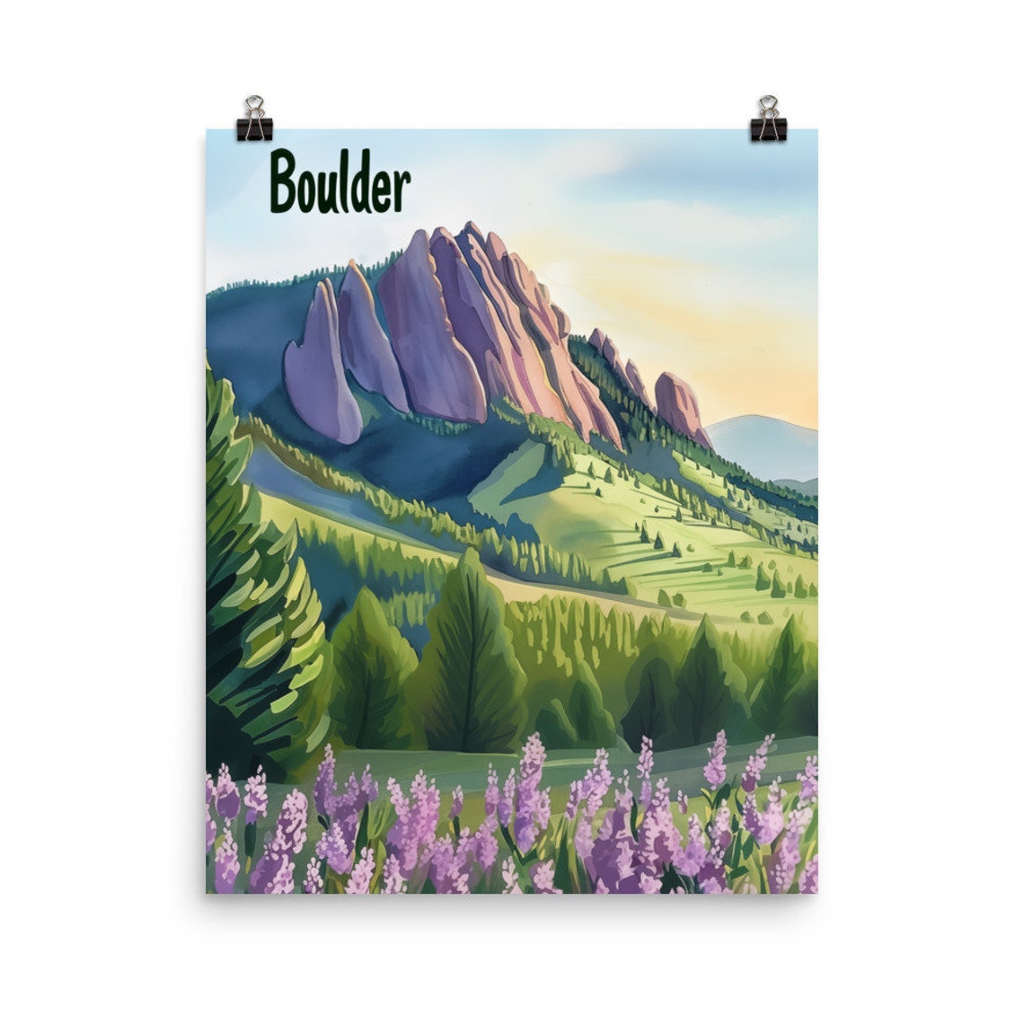 Boulder Colorado Flatirons Above Purple Wildflower Meadow Poster