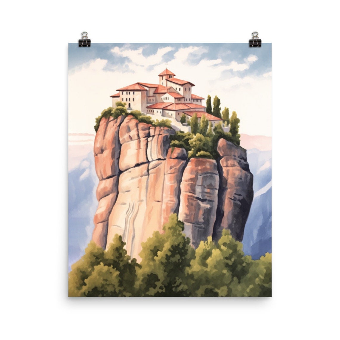 Meteora Monastery Perched Atop Rock Pillar Watercolor Poster